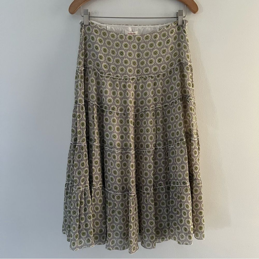 Sundance Vintage Silk Skirt Y2K Tiered Midi Daisy Cream Green Size 4 Boho